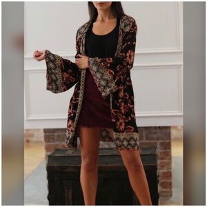 Angie Size Small Boho Floral Bell Sleeve Kimono Cardigan with Velvet Trim Open